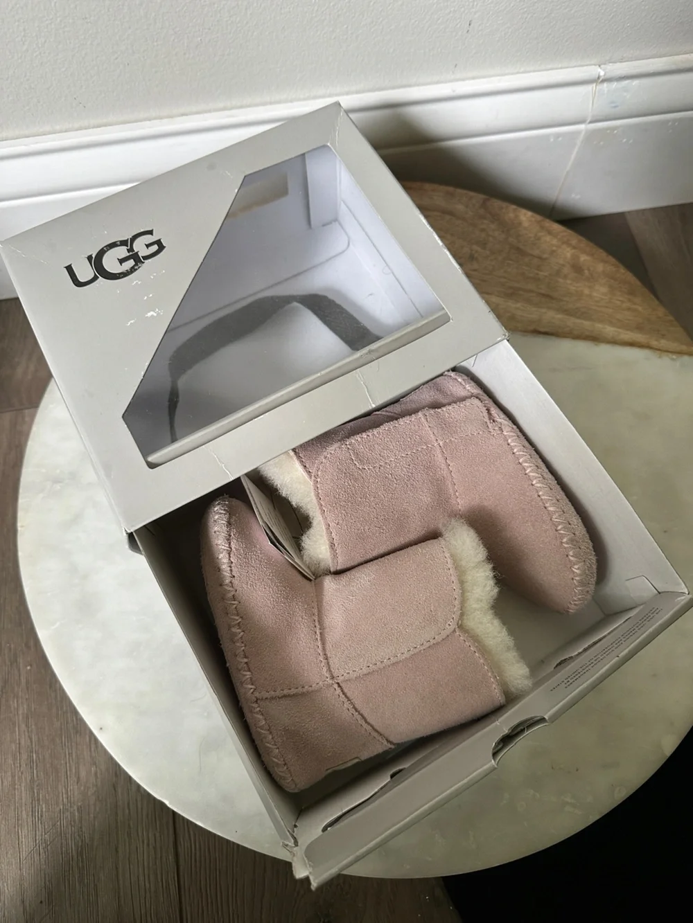 UGG Caden Baby Boots Booties Seashell Pink Suede Sheepskin Lining Infant 6-12 M